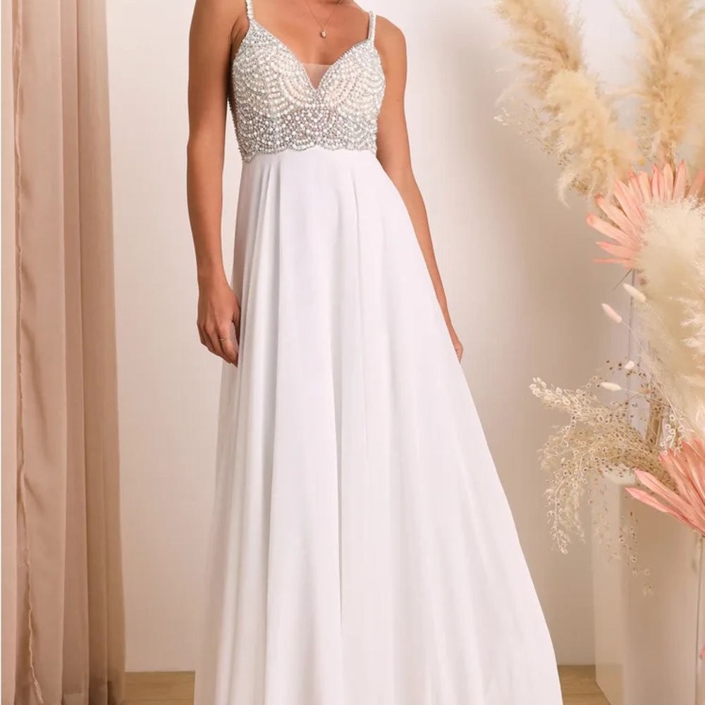 Lulu's Ivory Beaded V-Neck Maxi Dress